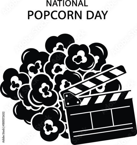 A popcorn pile next to a movie clapperboard signifies cinema snacks.