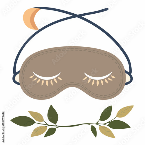 Sleep mask with closed eyes and leaves for relaxation and sleep