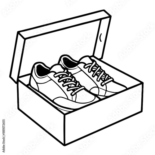 Open Shoebox with Sneakers Vector Icon - Minimalist Black Line Art Illustration for E-commerce Unboxing, Footwear Retail, and New Product Delivery Branding