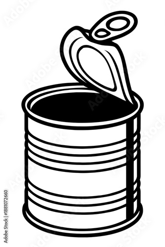 Open Tin Can Icon Vector – Simple Minimalist Line Art of Metal Food Container with Peeled Lid for Preservation and Pantry Storage