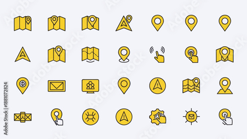 Set of yellow navigation icons and map pointers on white background