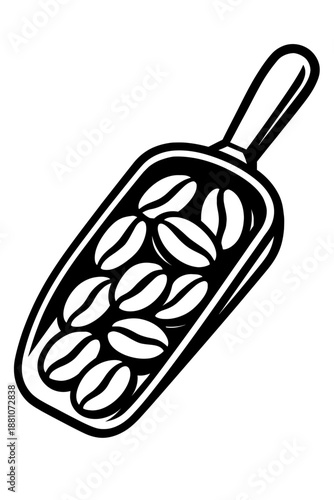 Premium roasted coffee beans generously filling a classic kitchen scoop, perfectly ready for brewing the ultimate cup of espresso or drip coffee, an isolated vector illustration graphic for cafes, men