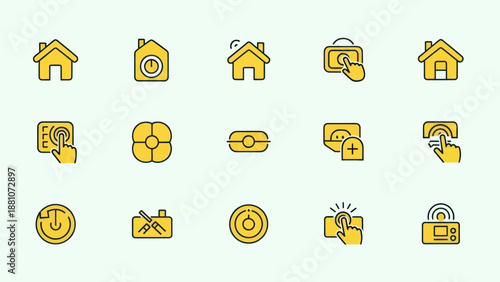 Smart home automation icons set yellow outline digital technology
