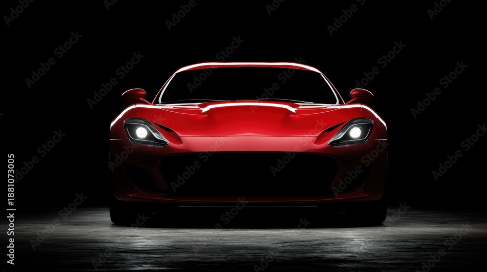 Fototapeta premium Sleek red sports car in dramatic lighting with illuminated headlights.