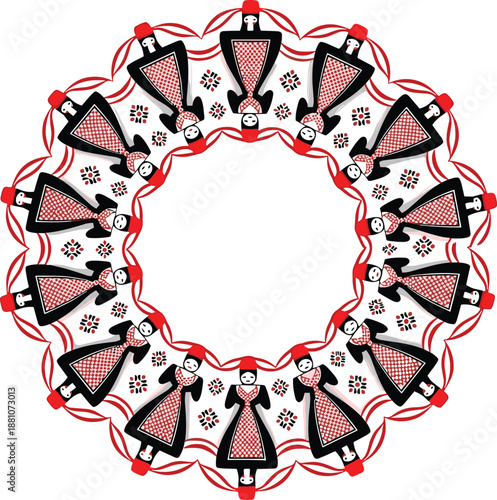 Traditional Palestinian embroidery pattern vector with women in folk dress dancing dabke in a circular floral mandala frame for middle eastern culture