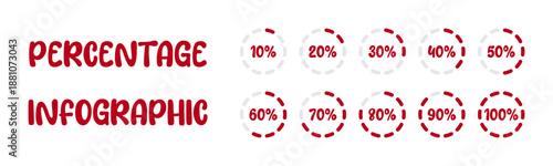 Vector percentage infographic set with circular progress bars from 10 to 100 percent in ten percent steps, designed in red gray colors for analytics, reports, dashboards, presentations, visualizations