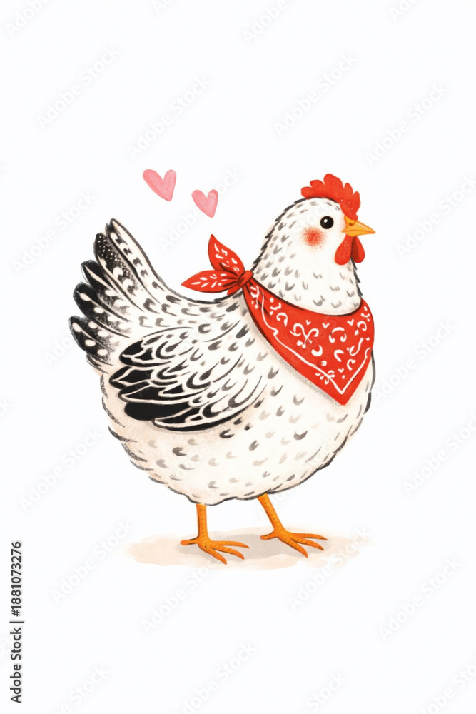 Fototapeta premium Gallina con un pañuelo rojo en el cuello con corazones rosas en el aire