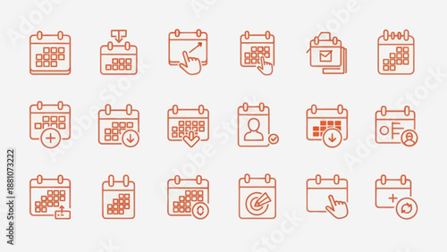 Calendar icons set in red lines for scheduling events and reminders