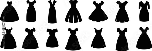 Collection of elegant female dress silhouettes in various styles including evening gowns cocktail dresses and bridal wear isolated on white background for fashion design
