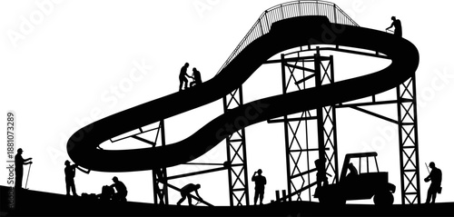 Black Silhouette Set Featuring Professional Construction Workers Installing a Large Scale Water Slide Infrastructure With Scaffolding and Industrial Equipment for Water Park Development