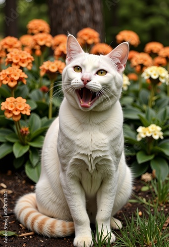 Charming White Cat Sitting Amidst a Vibrant Garden of Orange and Yellow Flowers with Open Mouth Displaying Sharp Teeth