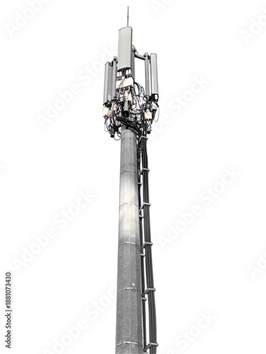 Transparent Background PNG - Modern Telecommunications Cell Tower with Antennas and Cabling, High-Tech Mobile Network Infrastructure for 5G Connectivity and Wireless Signal Transmission.