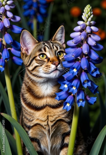 Majestic Bengal Cat with Striking Stripes Poses Gracefully among Vibrant Blue Flowers in a Serene Garden Setting under Sunlit Skies