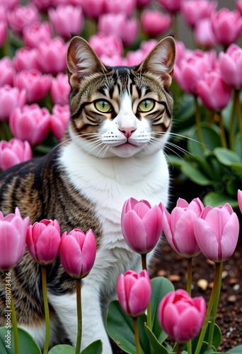 Majestic striped cat gracefully sitting amidst a vibrant field of blooming pink tulips, creating a harmonious blend of nature and feline elegance