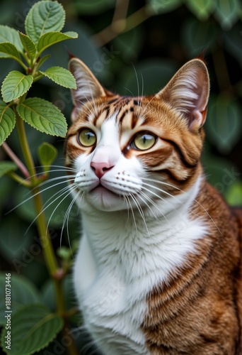 Portrait of an Alert and Elegant Domestic Cat with Striking Orange and White Fur Observing Nature Amidst Lush Greenery in a Serene Garden Setting