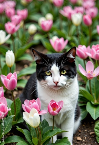 Captivating Black and White Cat Amidst Colorful Blooming Pink and White Tulips in a Lush Garden Setting