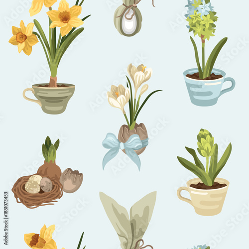 Hand-drawn Easter seamless pattern with spring flowers like daffodil and hyacinth and crocus, eggshell and birds eggs and nest