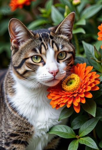 Adorable Cat Poses Gracefully Among Vibrant Orange Flowers in a Lush Garden Setting, Capturing the Essence of Serenity and Natural Beauty