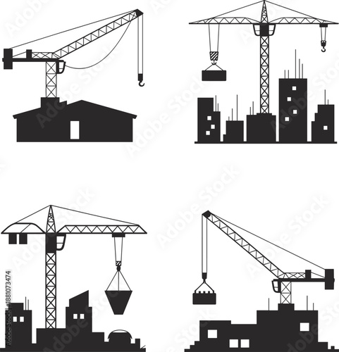 Collection of industrial construction crane silhouettes working on city building sites performing heavy lifting and urban development tasks isolated on white background set