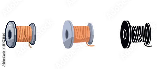 Vector, pixel, and silhouette spool of orange thread illustrations on white background