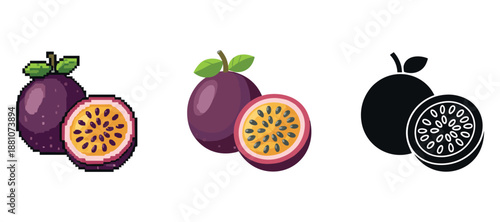 Passion fruit trio: pixel art, vector design, silhouette illustration comparison