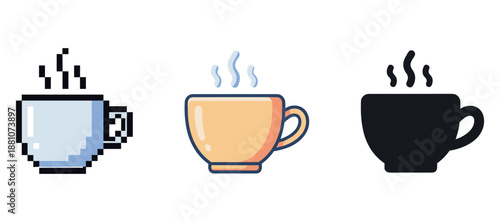 Evolution of coffee cup icons: pixel art to minimalist silhouette