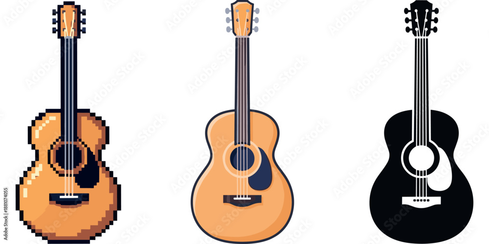 Obraz premium Acoustic guitars: pixel art, classic design, and silhouette variations