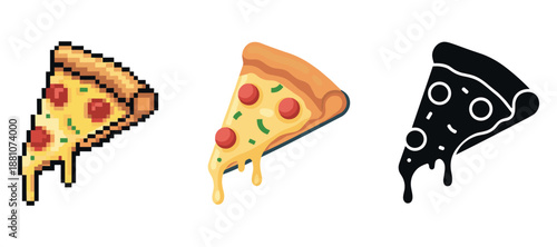 Pixelated and stylized pizza slices: retro, classic, and monochrome art designs