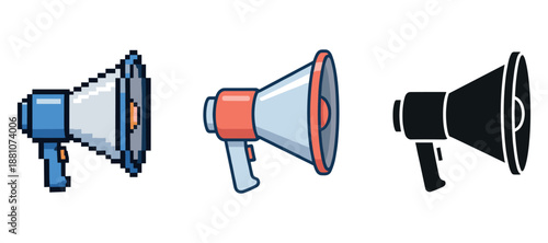 Three megaphone icons: pixel art, flat design, silhouette styles