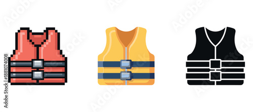 Three life jackets: pixel art, flat design, and silhouette styles