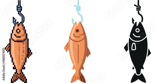 Three stylized fish illustrations on hooks: pixel, cartoon, silhouette designs