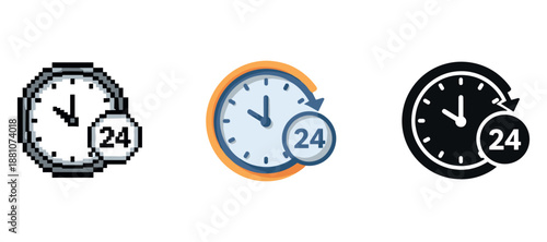 Set of 24-hour clock icons with pixel, colorful, and solid designs