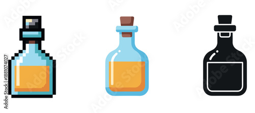 Icon set of potion bottles: pixel art, cartoon, silhouette styles