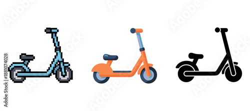 Pixelated, artistic, and silhouette scooters on white background