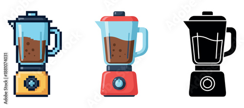 Three blender styles: pixel art, flat design, and silhouette of kitchen appliances