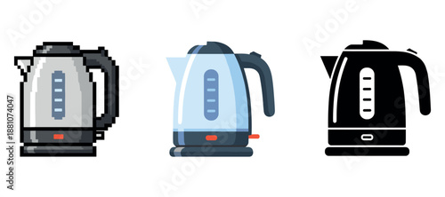 Pixel art and flat design electric kettle icons in various styles