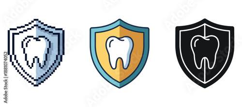 Tooth protection shield icons: pixelated, colored, monochrome variations