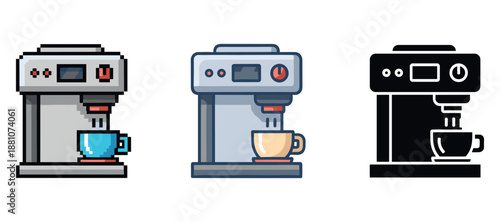 Different styles of coffee machines: pixel art, modern, silhouette design