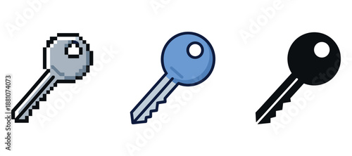 Pixel art, flat design, and silhouette lock keys on a white background