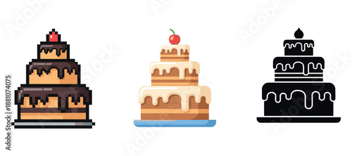 Pixel art and silhouette cakes with chocolate icing and cherry on top