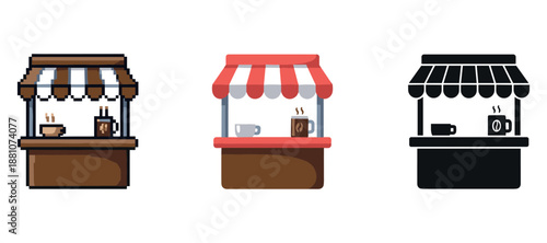 Coffee kiosk variations: colorful retro designs and silhouettes