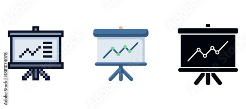 Business graphs on tripod screens: data presentation icons with rising trends