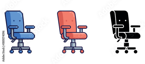 Evolution of office chair design: pixel art to modern silhouette