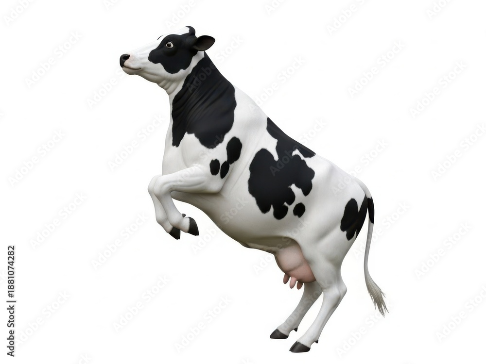 Fototapeta premium Black and White Cow Figurine Kicking in Mid Air on White Background