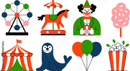 Colorful Circus and Amusement Park Icon Set Featuring Ferris Wheel Carousel Horse Clown Cotton Candy Tent Seal Balloons and Popcorn for Festival Celebration Vector Design (25 words)