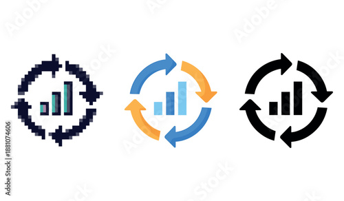 Three circular arrow graph icons representing progression in diverse styles