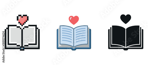 Three open book icons with heart designs in pixel, outline, and solid styles