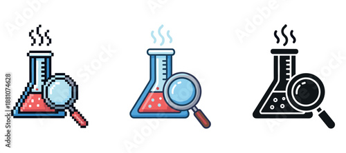 Pixel, color, and outline styles of science beaker with magnifying glass