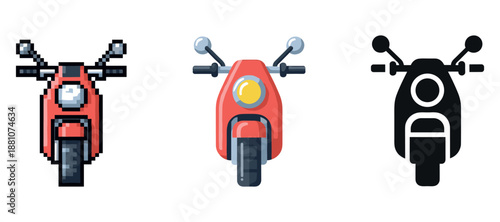 Front views of red scooter in pixelated, modern, and silhouette styles