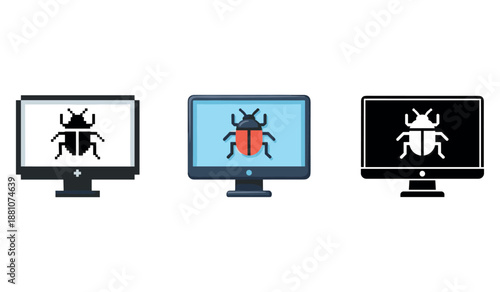 Set of three computer screens displaying bug icons in various styles